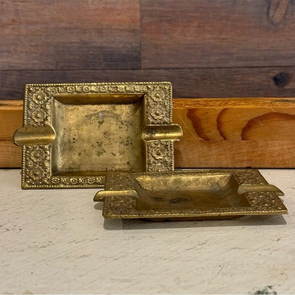 Vintage Other - Two vintage brass stackable ashtrays rectangle floral edging detail
